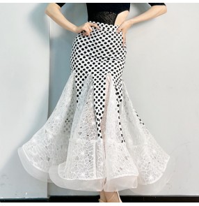 Women girls black white polka dot lace ballroom dancing skirts modern waltz foxtrot rhythm flamenco dance long skirt for female